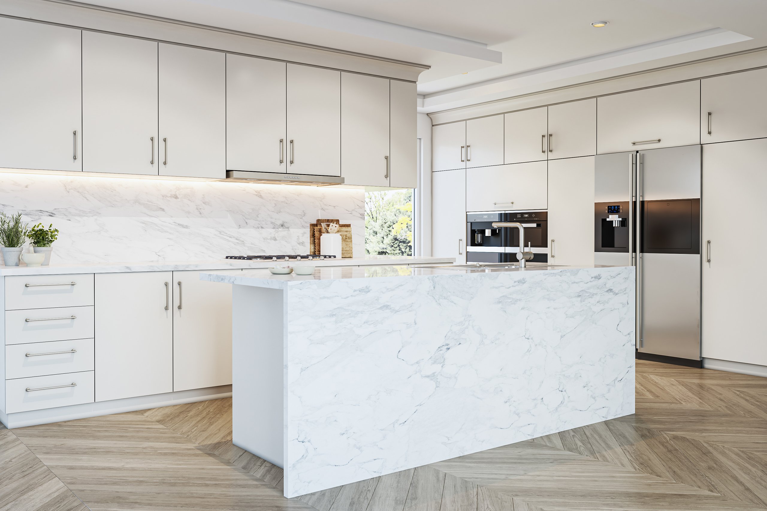 This kitchen features the Baltimore Cabinet Pulls in Satin Nickel