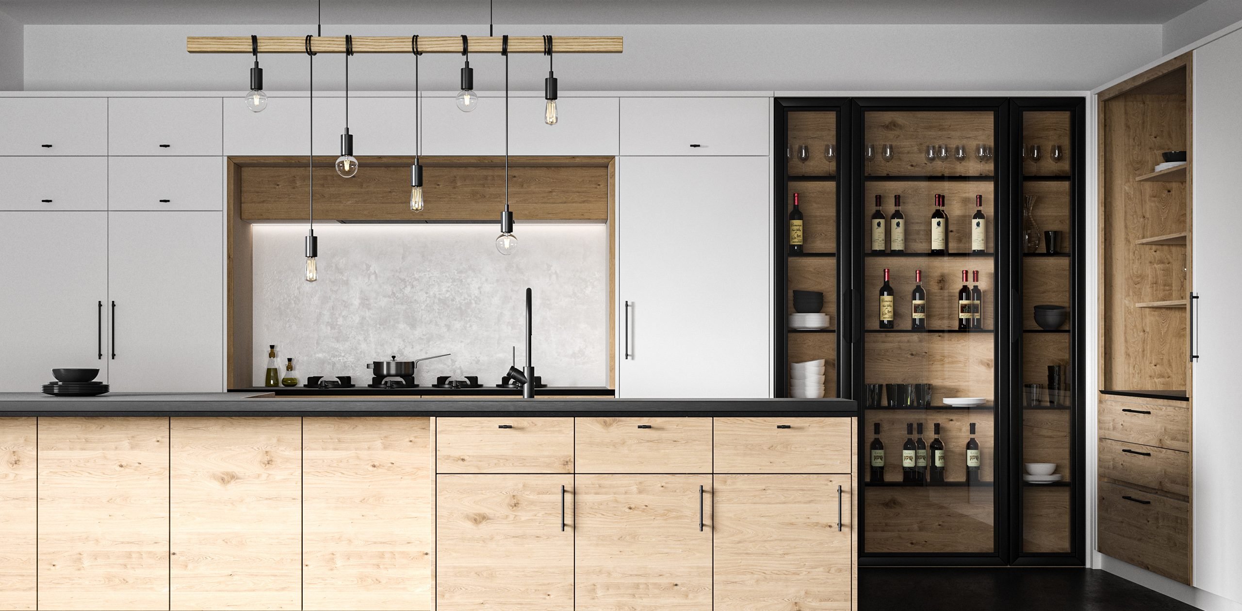 This industrial modern kitchen features the Helsinki collection in Matt Black