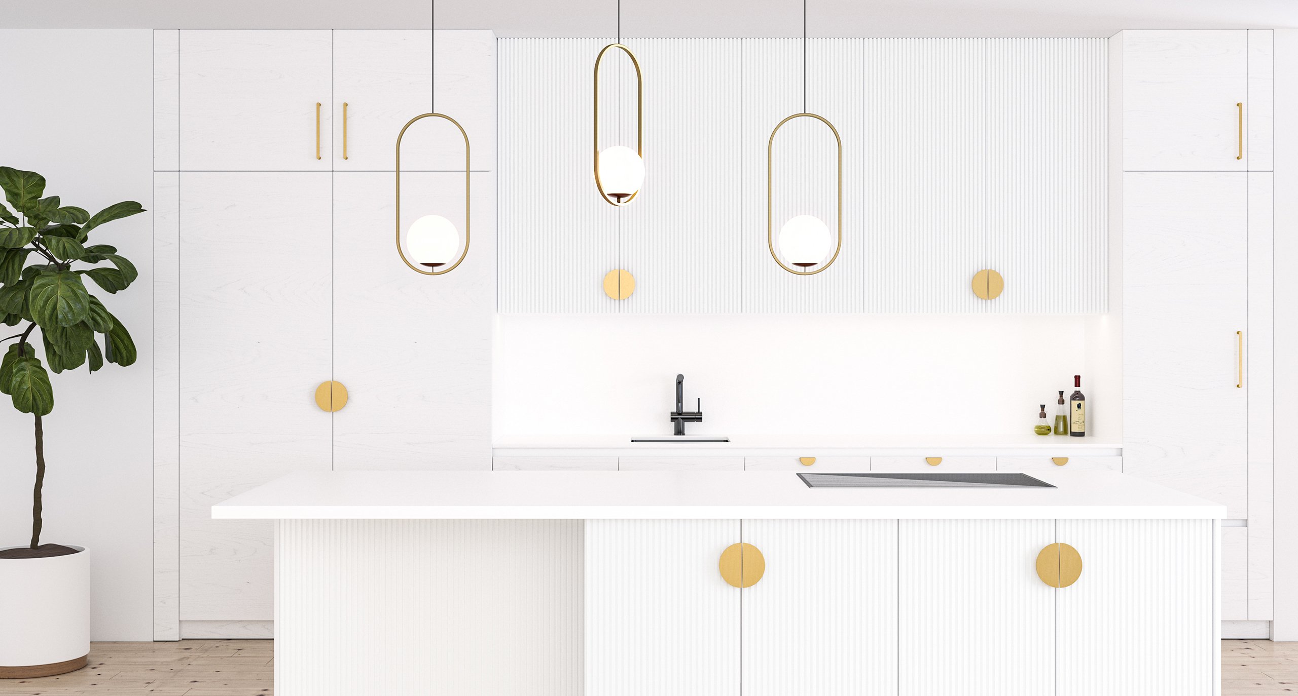 The Scandi-style project features the Osaka Half Moon Pulls in Brushed Brass