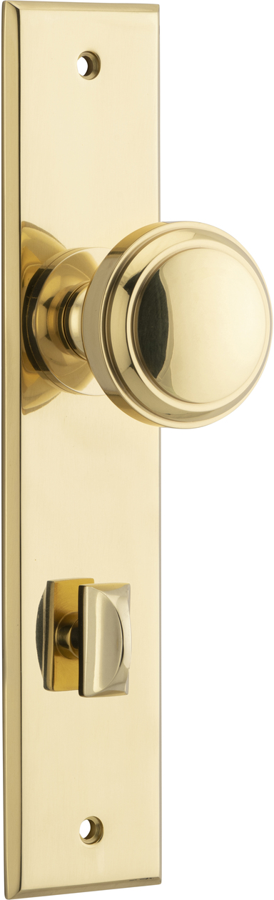 Round Door Knobs on Rectangular Backplate Lock Set - Polished Brass