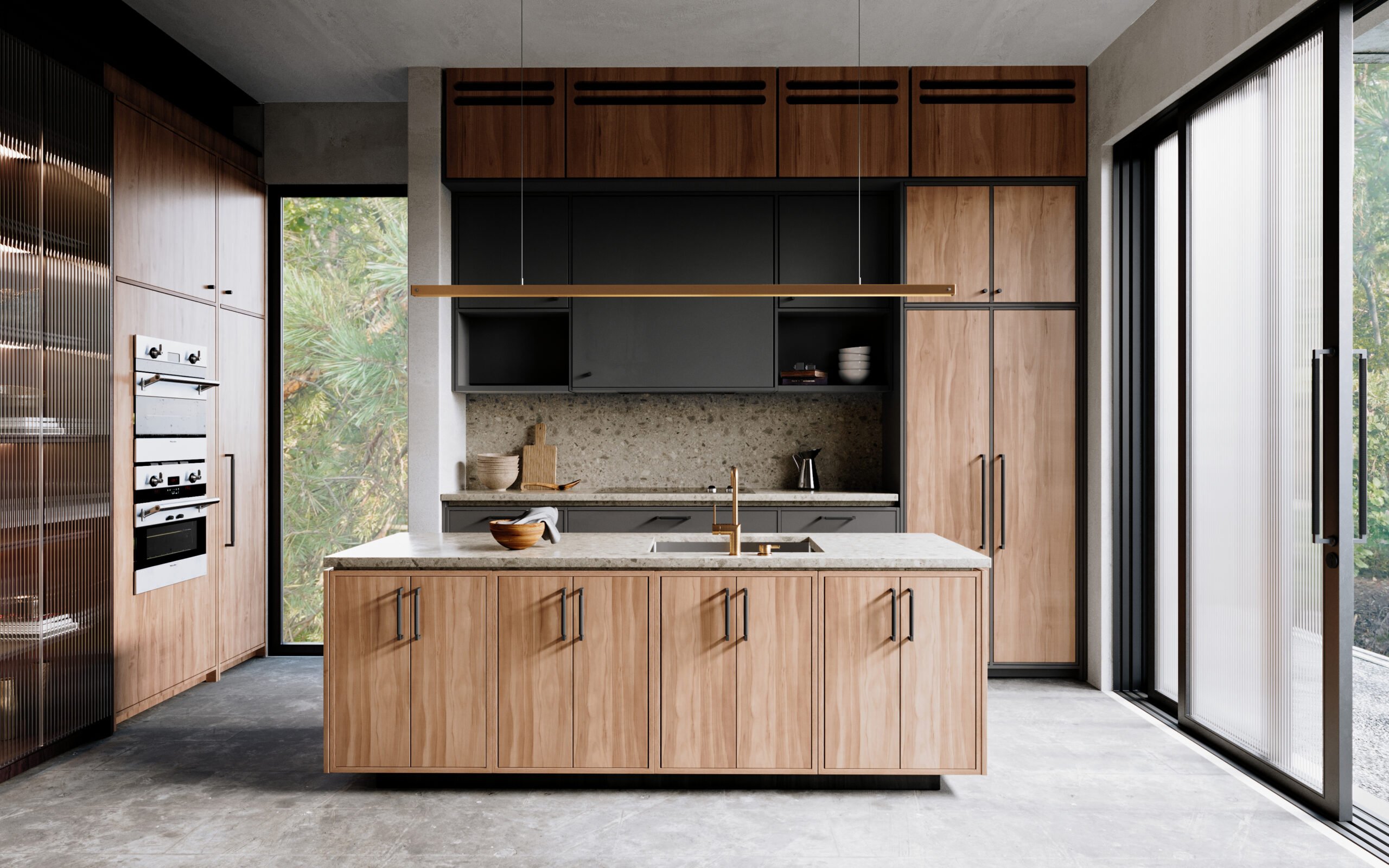 This kitchen features timber and black detailing. The Brunswick collection of hardware in Matt Black adds a perfect touch.