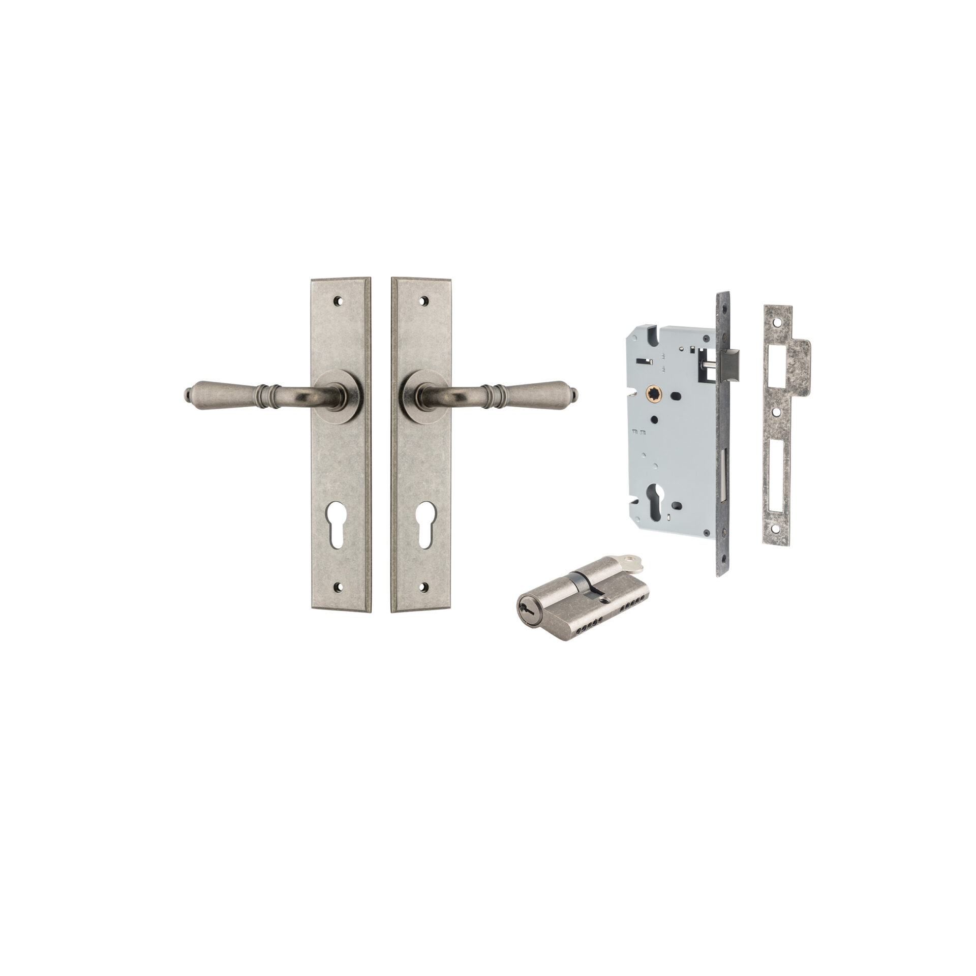 13780KENTR60KK - Sarlat Lever - Chamfered Backplate Entrance Kit with High Security Lock - Distressed Nickel - Entrance