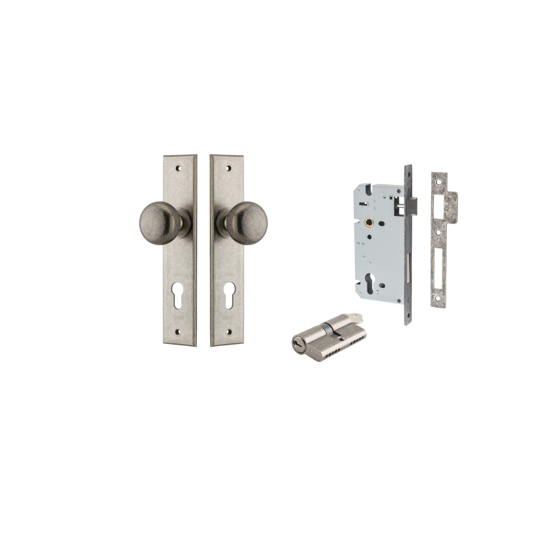 13946KENTR60KK - Cambridge Knob - Chamfered Backplate Entrance Kit with High Security Lock - Distressed Nickel - Entrance