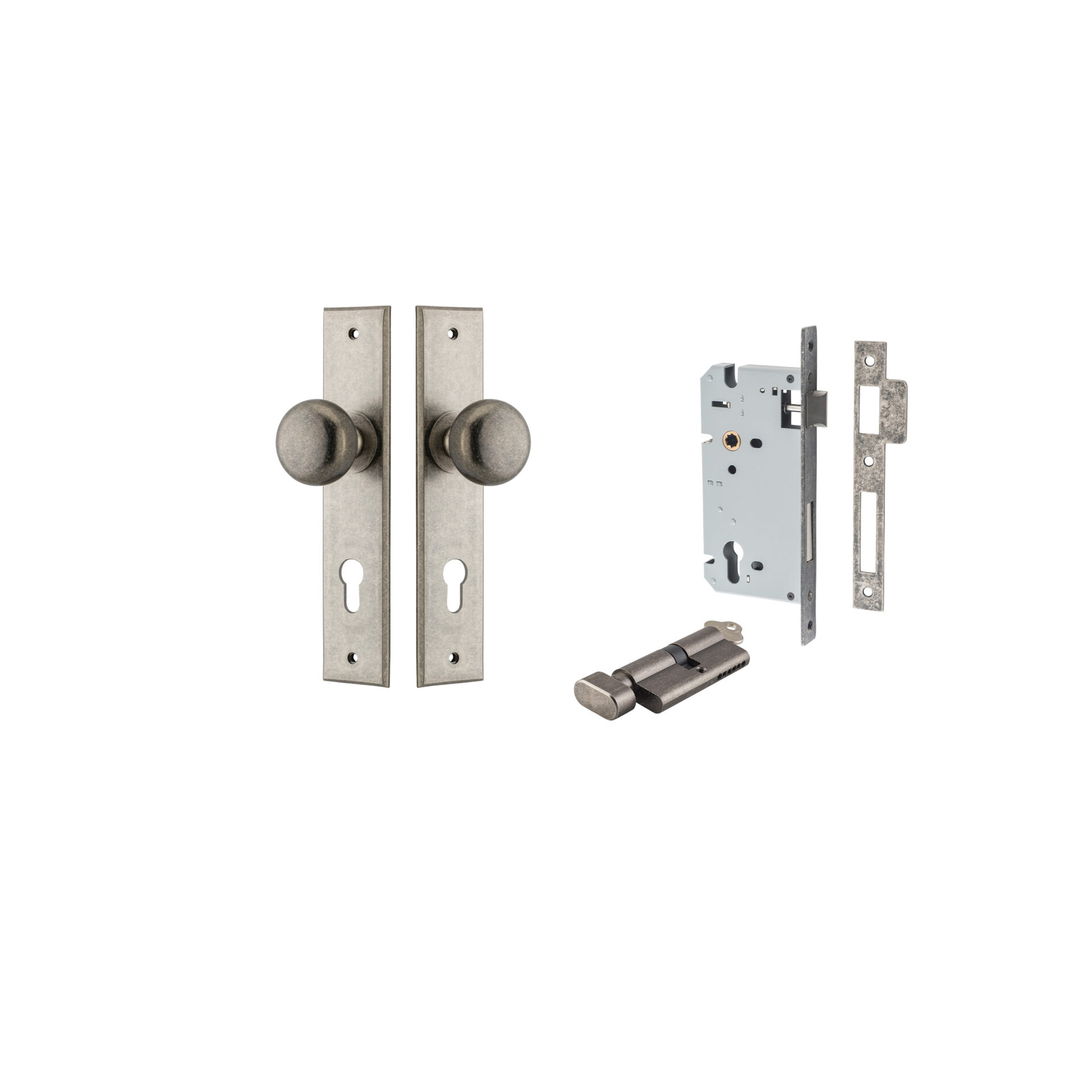 13946KENTR60KT - Cambridge Knob - Chamfered Backplate Entrance Kit with High Security Lock - Distressed Nickel - Entrance
