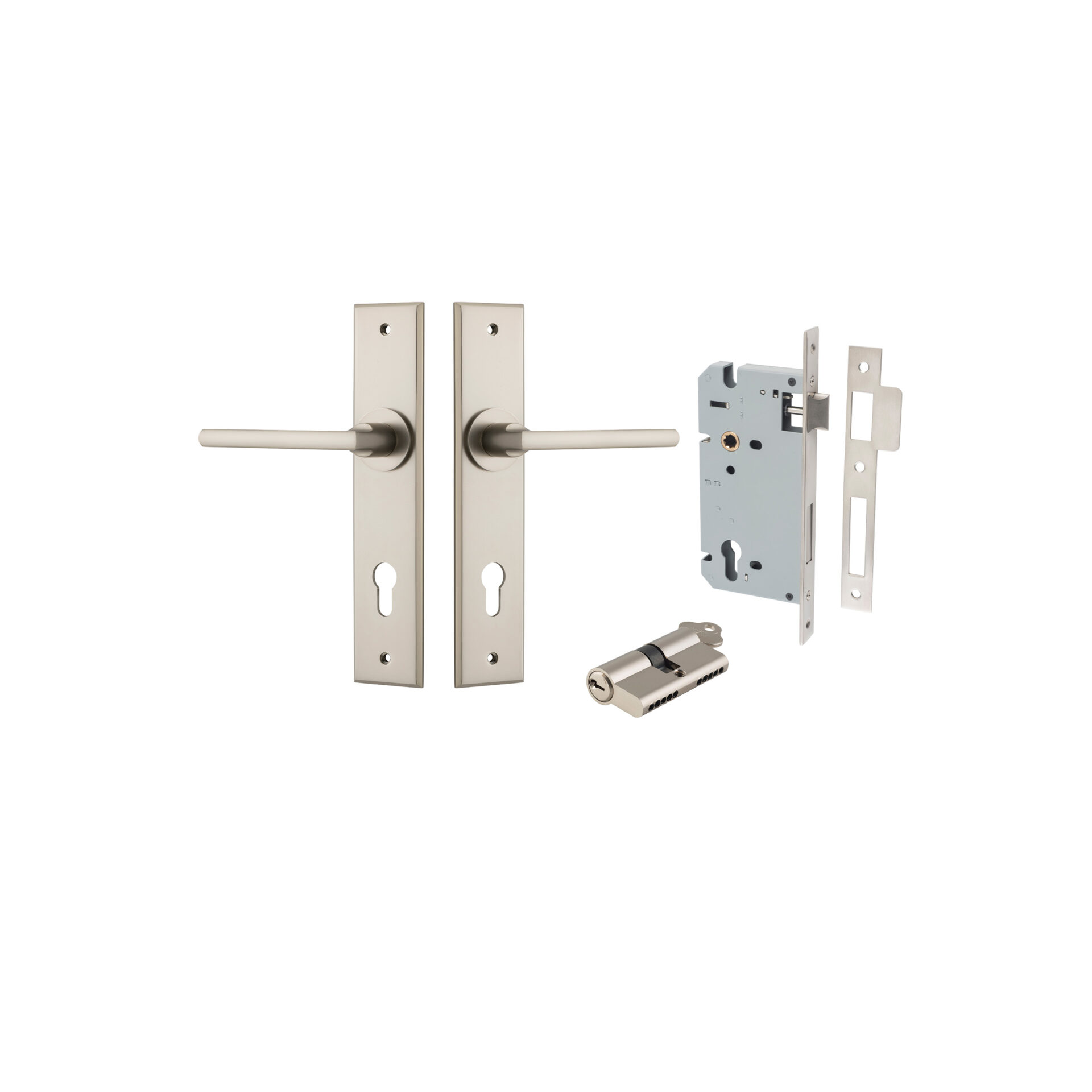 14782KENTR60KK - Baltimore Lever - Chamfered Backplate Entrance Kit with High Security Lock - Satin Nickel - Entrance