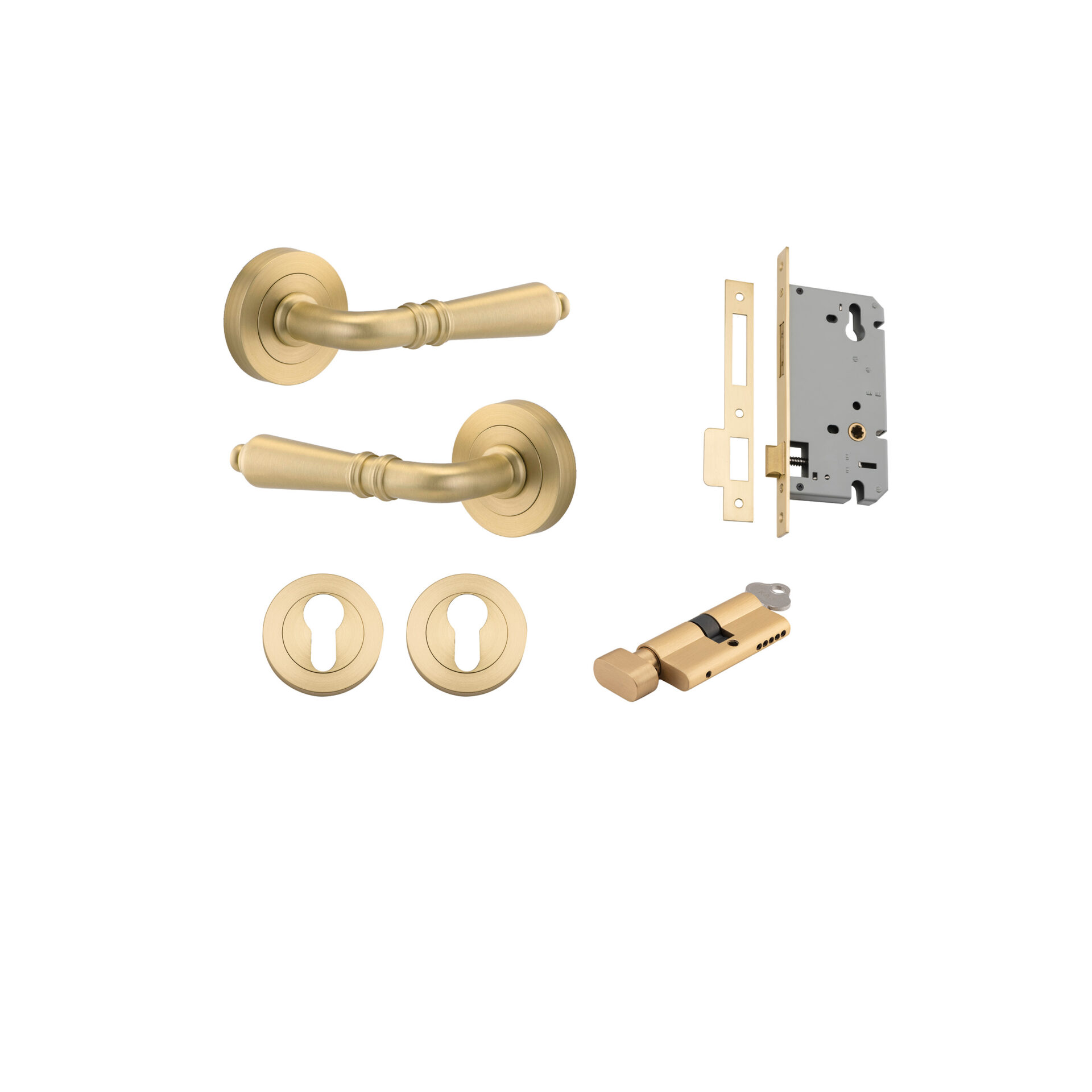 16260KENTR60KT - Sarlat Lever - Round Rose Entrance Kit with Separate High Security Lock - Brushed Gold PVD - Entrance